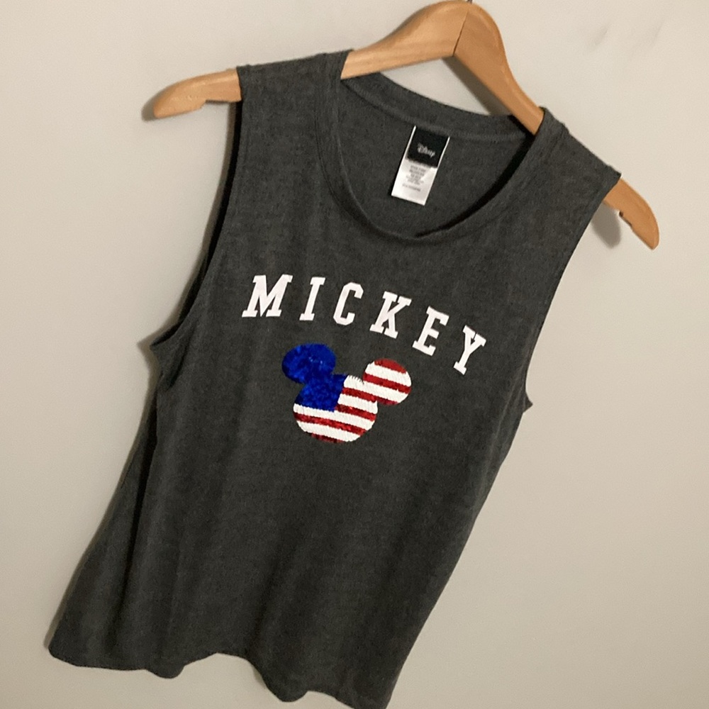 Disney Gray Mickey Muscle Tee with Red, White & Blue Sequin Logo